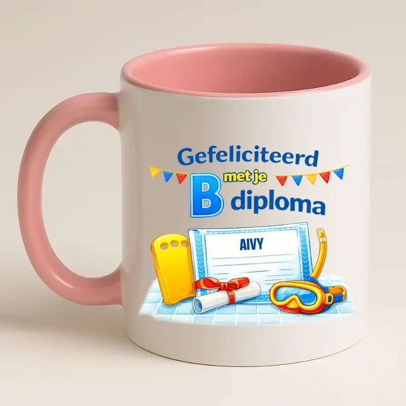 Gefeliciteerd met je b diploma mok roze achterkant