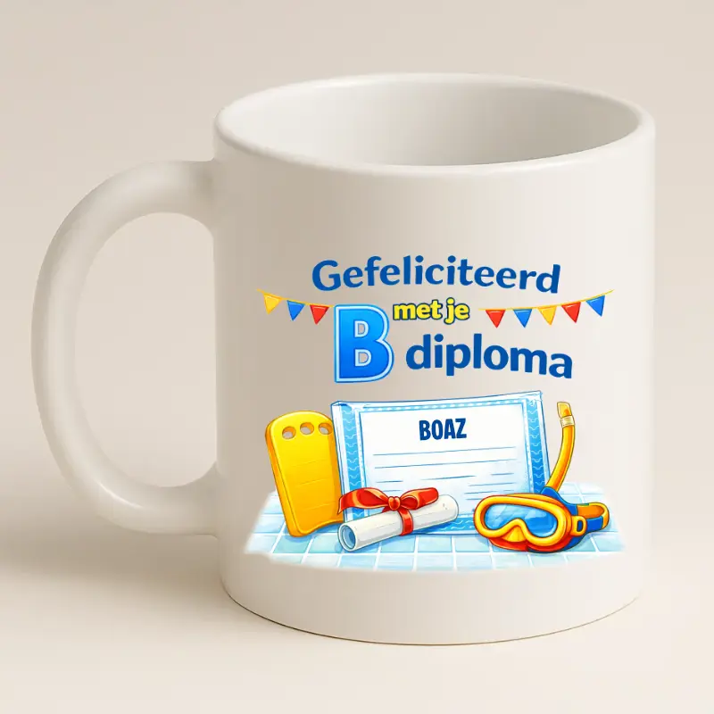 Gefeliciteerd met je b diploma mok wit achterkant