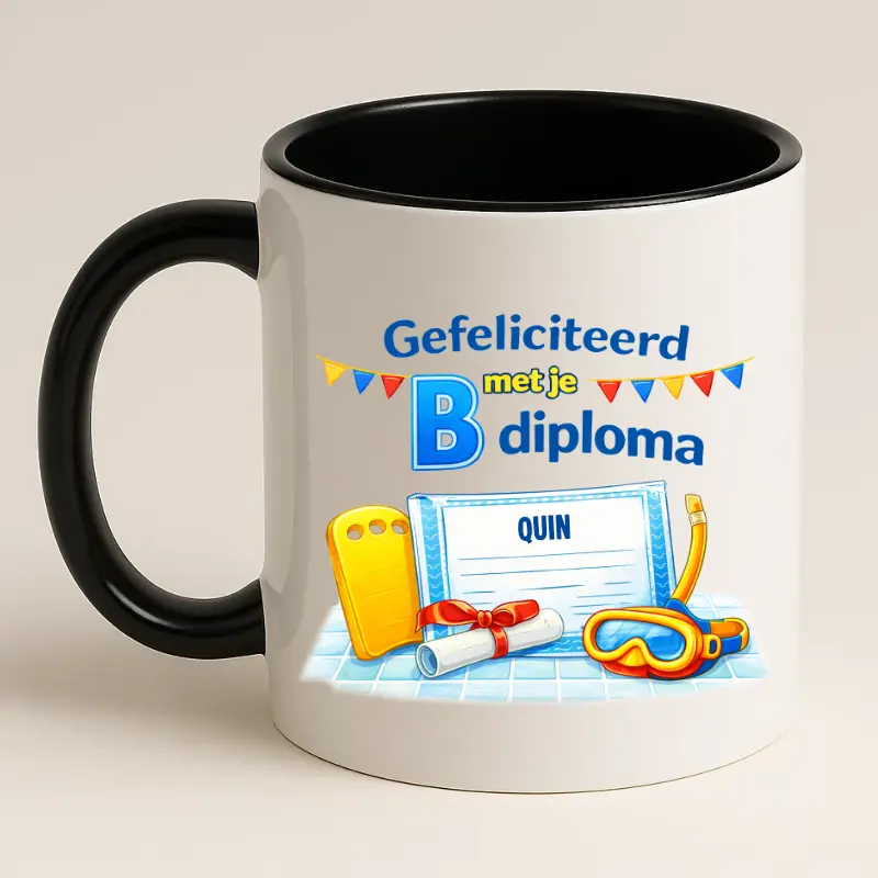 Gefeliciteerd met je b diploma mok zwart achterkant